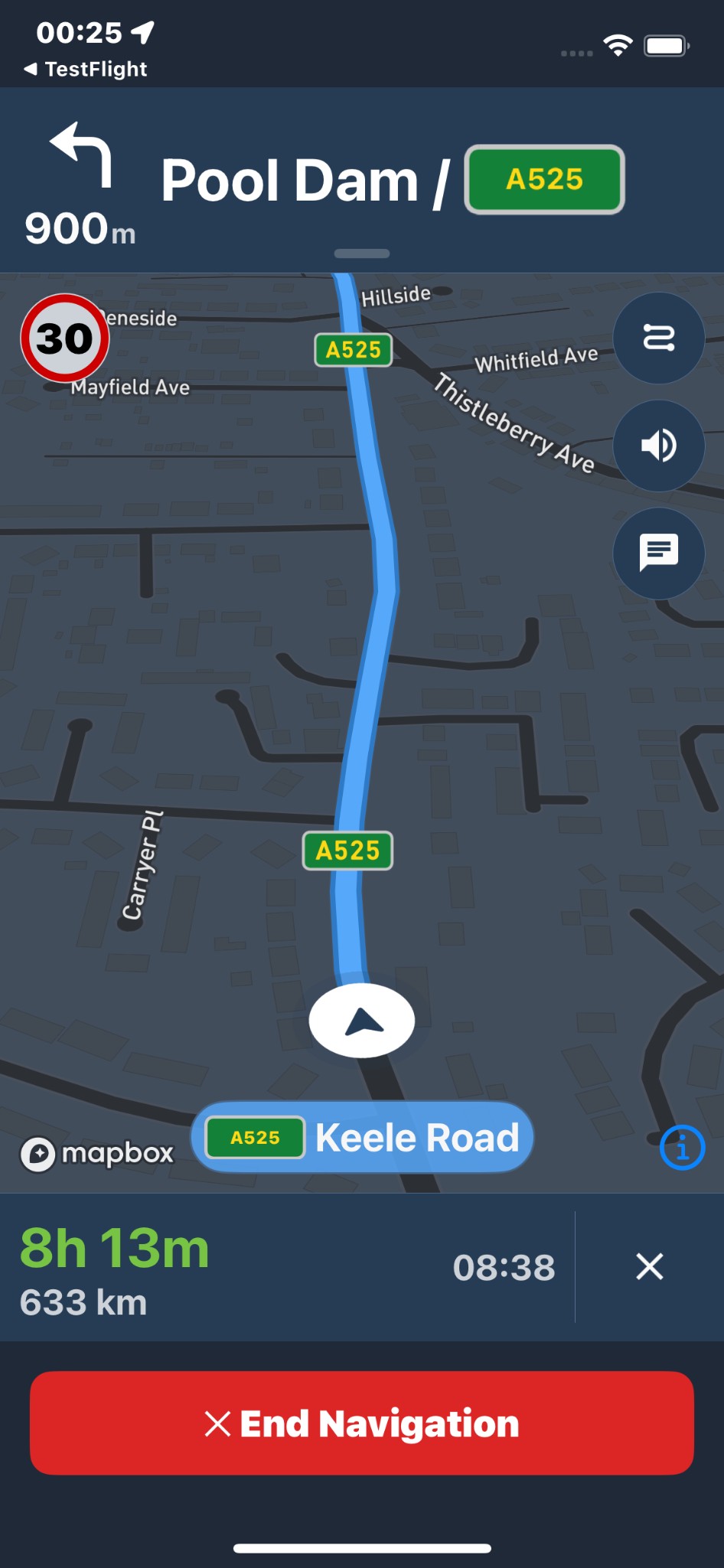 Mobile navigation showing a driving test route